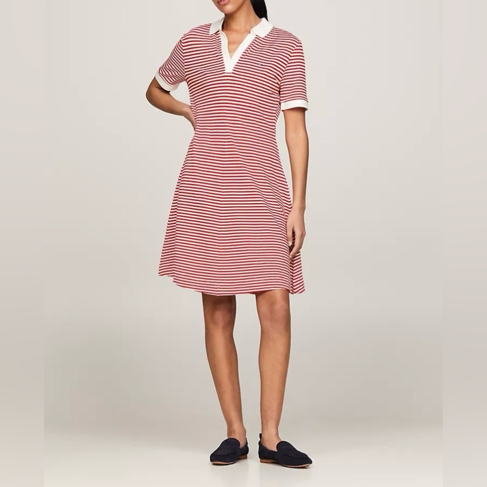 Tommy Hilfiger Open Placket Stripe Polo Dress Red & White Size M